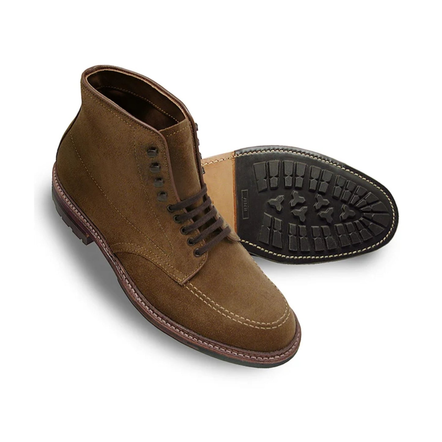 Alden #4011HC Mocc Toe Boot by Tom Beckbe: brown suede lace-up, upright and sole shown, Goodyear welt construction.