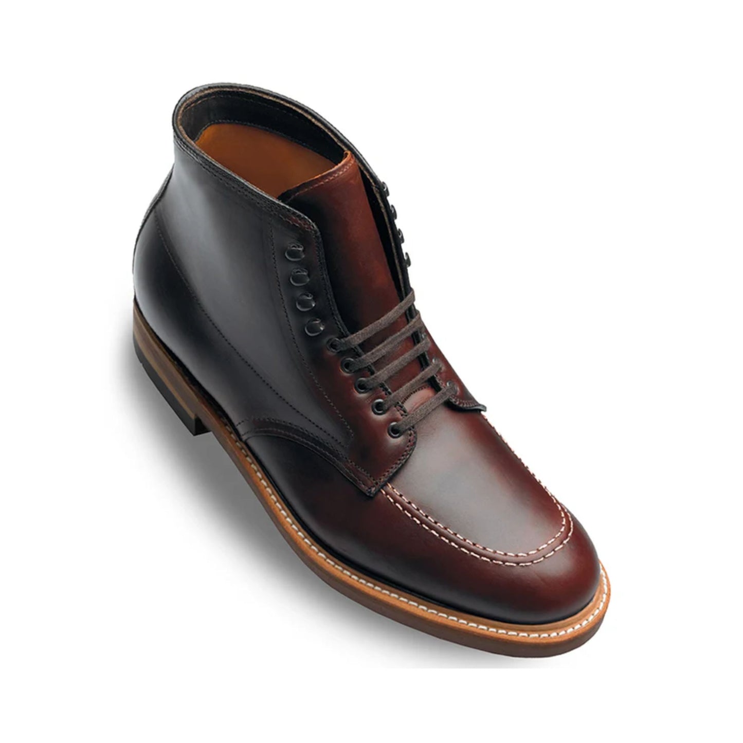 The Tom Beckbe Alden #403 Indy Boot in brown with moc toe and light sole shown on a white background.