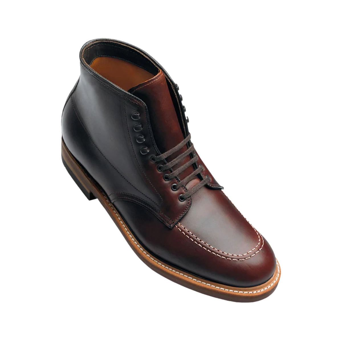 A single Tom Beckbe Alden #403 Indy Boot in brown with a thick sole, angled on a white background.