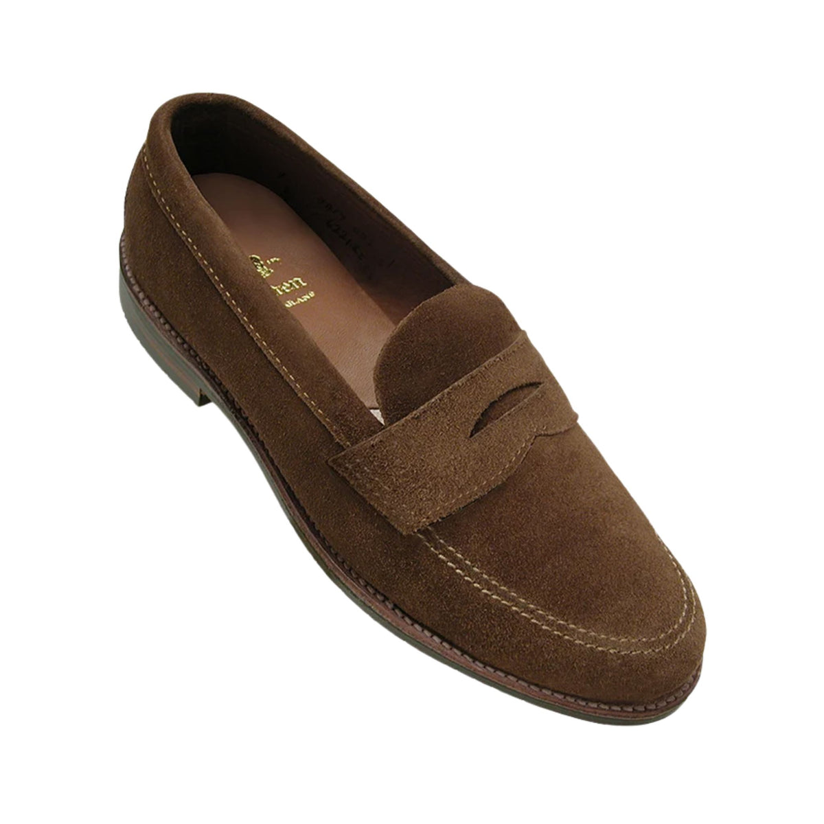 Tom Beckbe Alden #6221L Brown suede penny loafers with stitching, low heel, on white background.