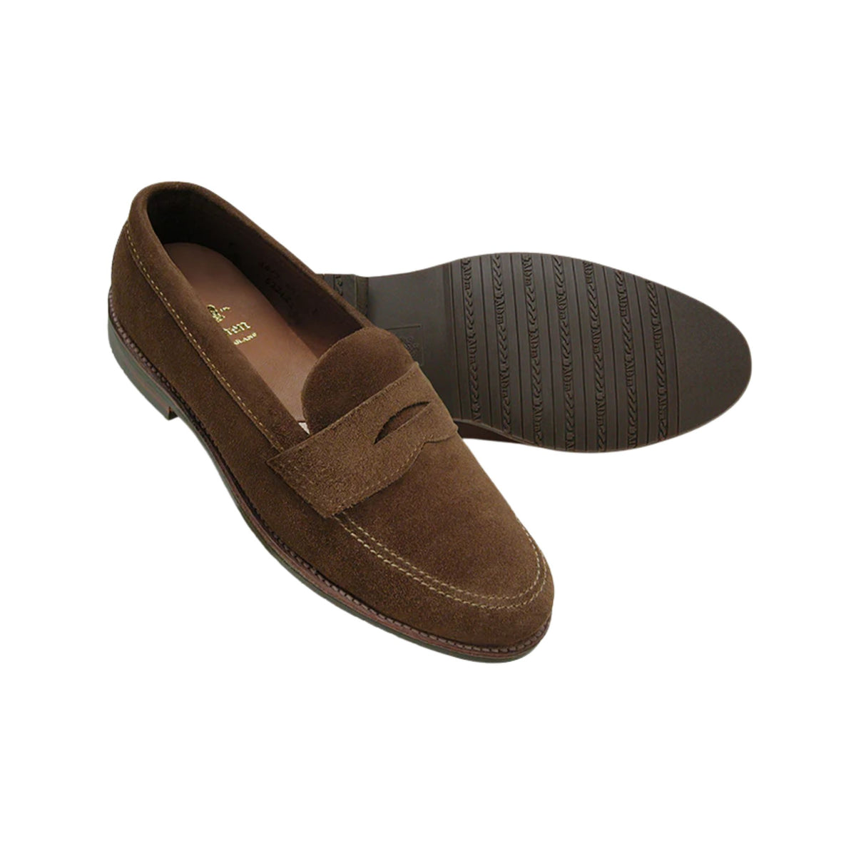 Alden #6221L Unlined Leisure Penny Loafer by Tom Beckbe in brown suede, shown upright and side-on on white.