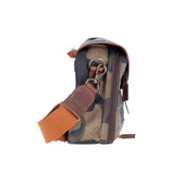 Side view of Tom Beckbes Classic Camo Blind Bag with leather-bound top opening and zippered closure.