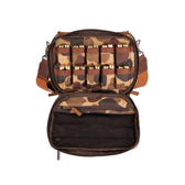 Open Tom Beckbe Classic Camo Blind Bag with leather top, shell loops, and mesh pocket.