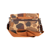 Tom Beckbe Classic Camo Blind Bag: camo pattern, brown strap, leather top opening, front zipper pocket.