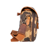 Side view of the Tom Beckbe Classic Camo Blind Bag with double-shell pockets and a brown adjustable strap.