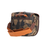 Tom Beckbes Classic Camo Blind Bag with leather top, orange strap, and double-shell pockets.