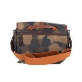 Tom Beckbes Classic Camo Blind Bag: camo design with orange-brown strap, leather top opening, and zippered front pocket.