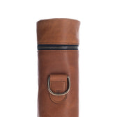 Tom Beckbe Leather Bottle Bag with metal buckle and zipper, shown vertically against a white background.