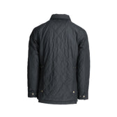 Back view of the Braddock Quilted Jacket by Tom Beckbe, dark green, water-resistant, buttoned, with collar on white.