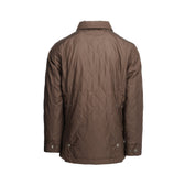 Back of men's brown quilted jacket features side vents with snaps, adjustable waist tabs and sleeves