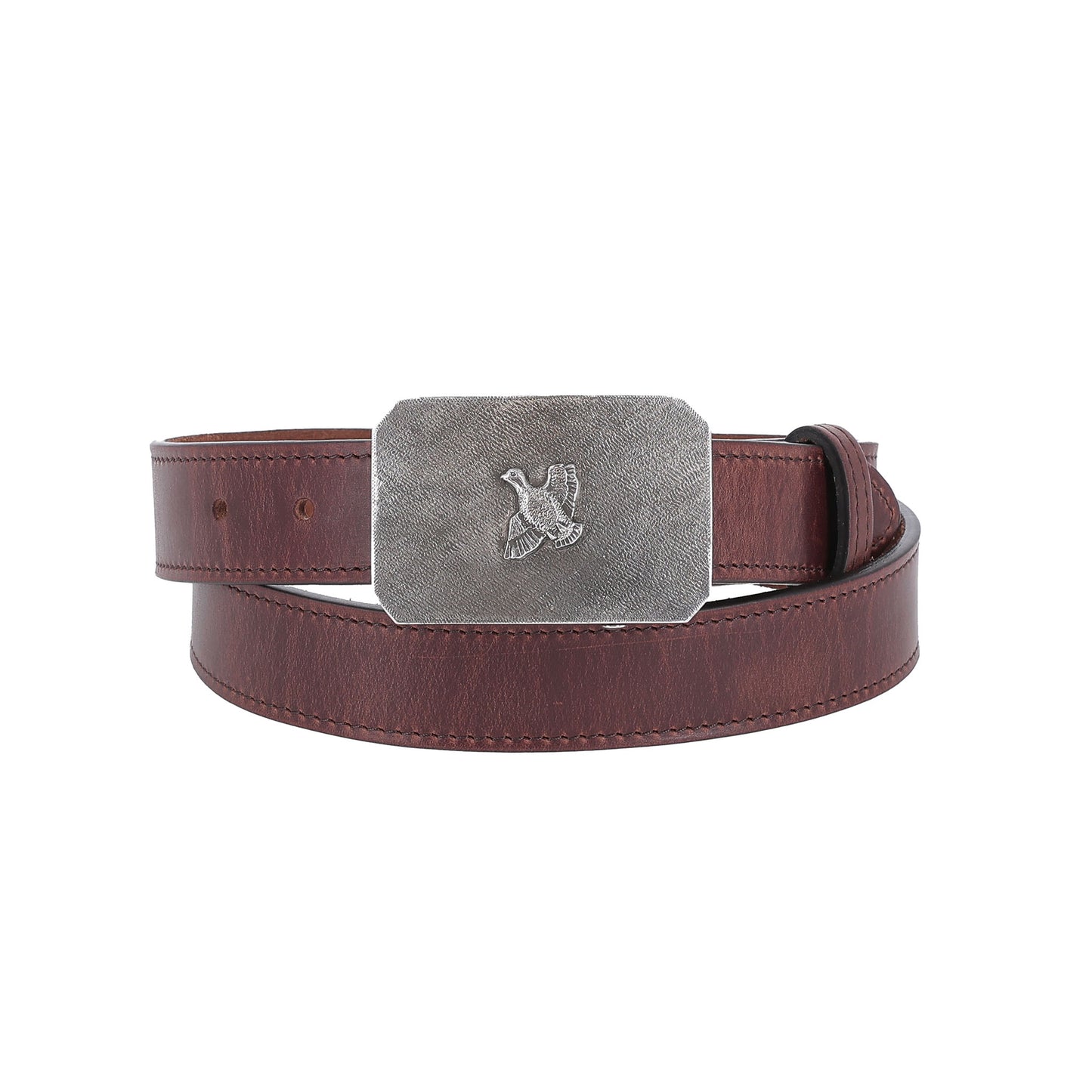 Tom Beckbe's Crosshatch Quail Belt Buckle in Sterling Silver accents a classic brown leather belt.