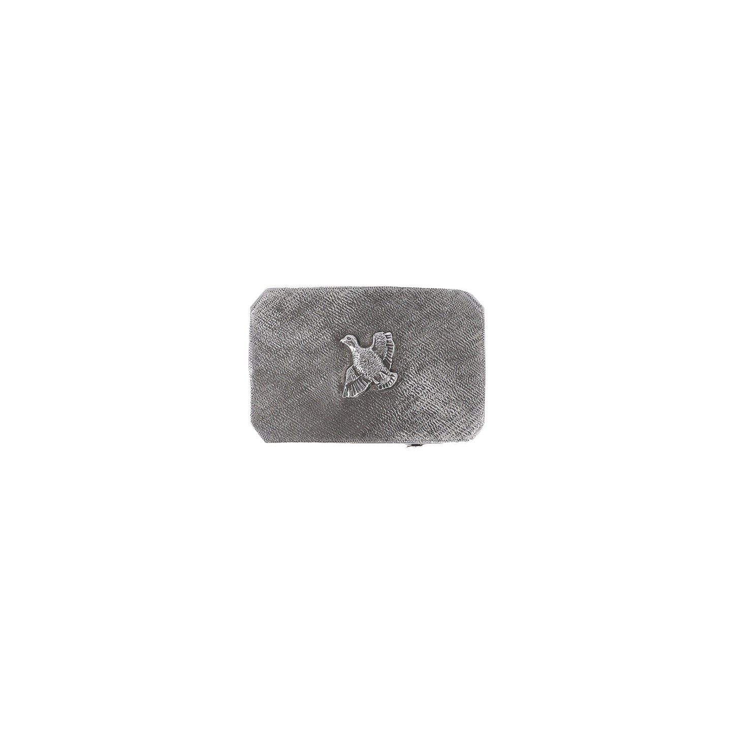 Tom Beckbe Crosshatch Quail Belt Buckle in sterling silver features a raised quail design on a plain background.