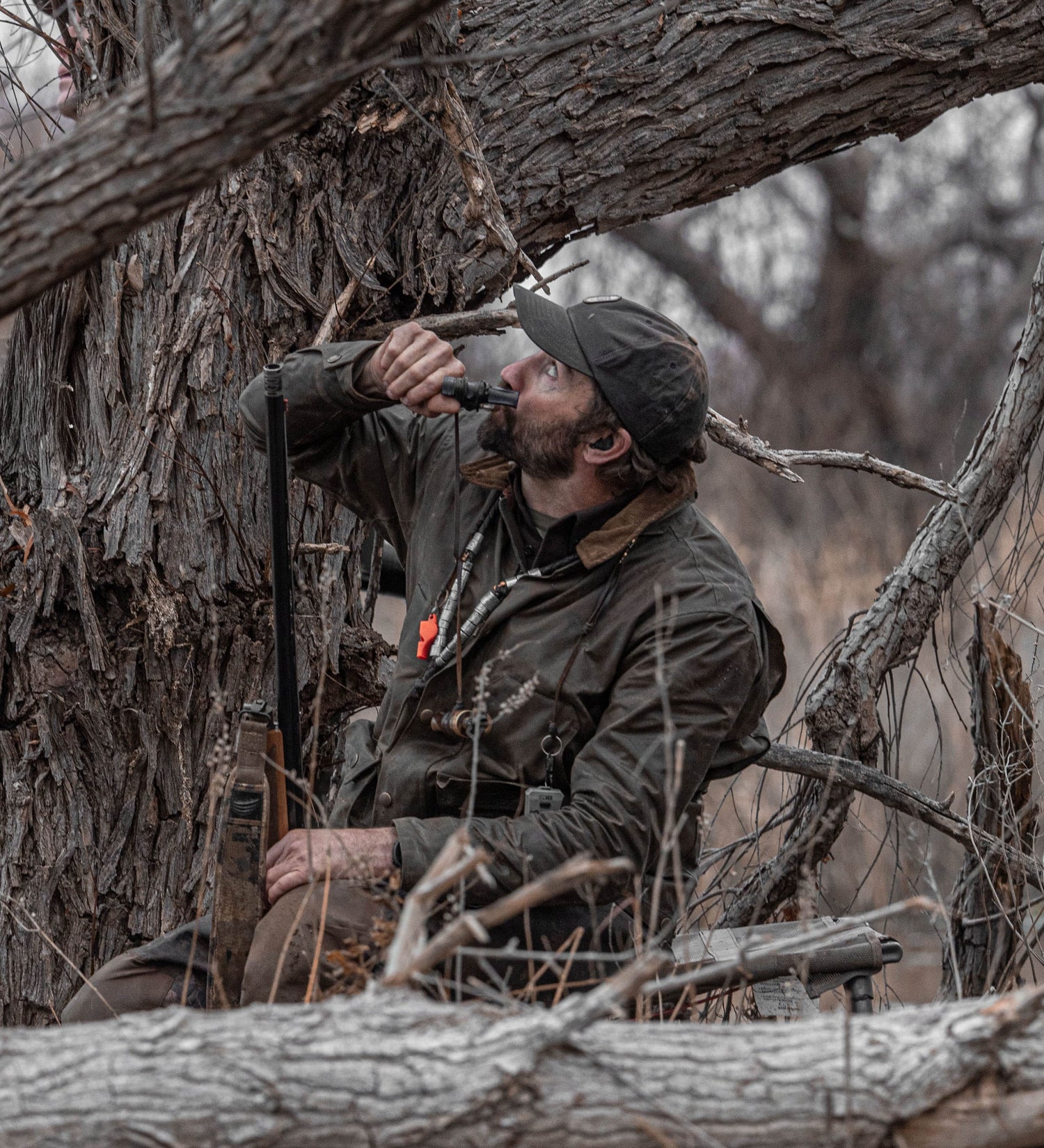 Man in outdoor gear sits by a tree, holding a rifle and blowing a duck call, looking upward.