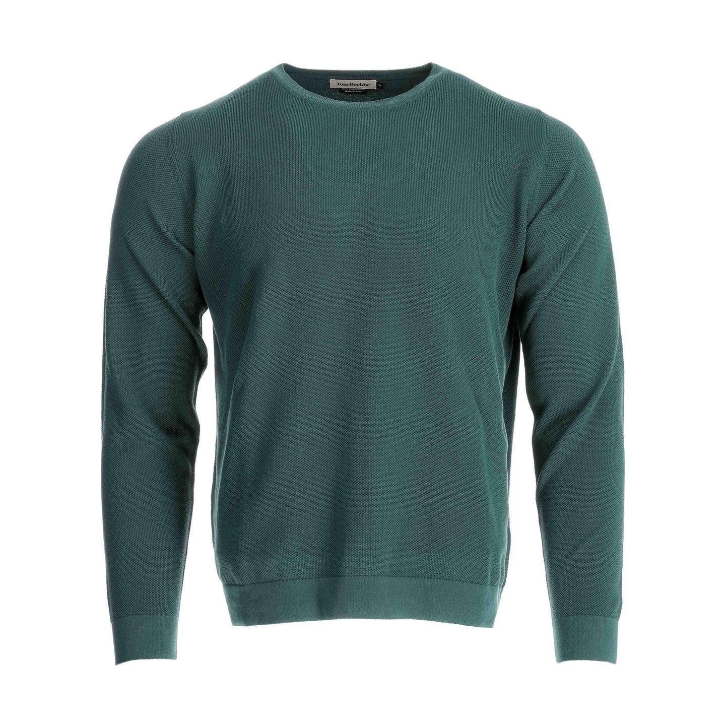 Tom Beckbe Foley Pima Crewneck Sweater for men, green cotton, lightweight, long-sleeve on white background.