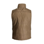 Tom Beckbe Fowler Vest in brown quilted waxed cotton, shown from the back with visible seams and a high collar.