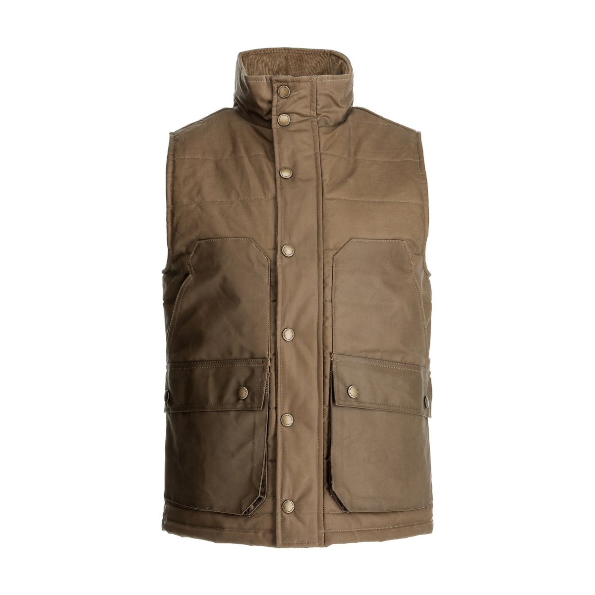 Tom Beckbe Fowler Vest in Tobacco: waxed cotton, snap buttons, high collar, and two pockets—classic for any season.