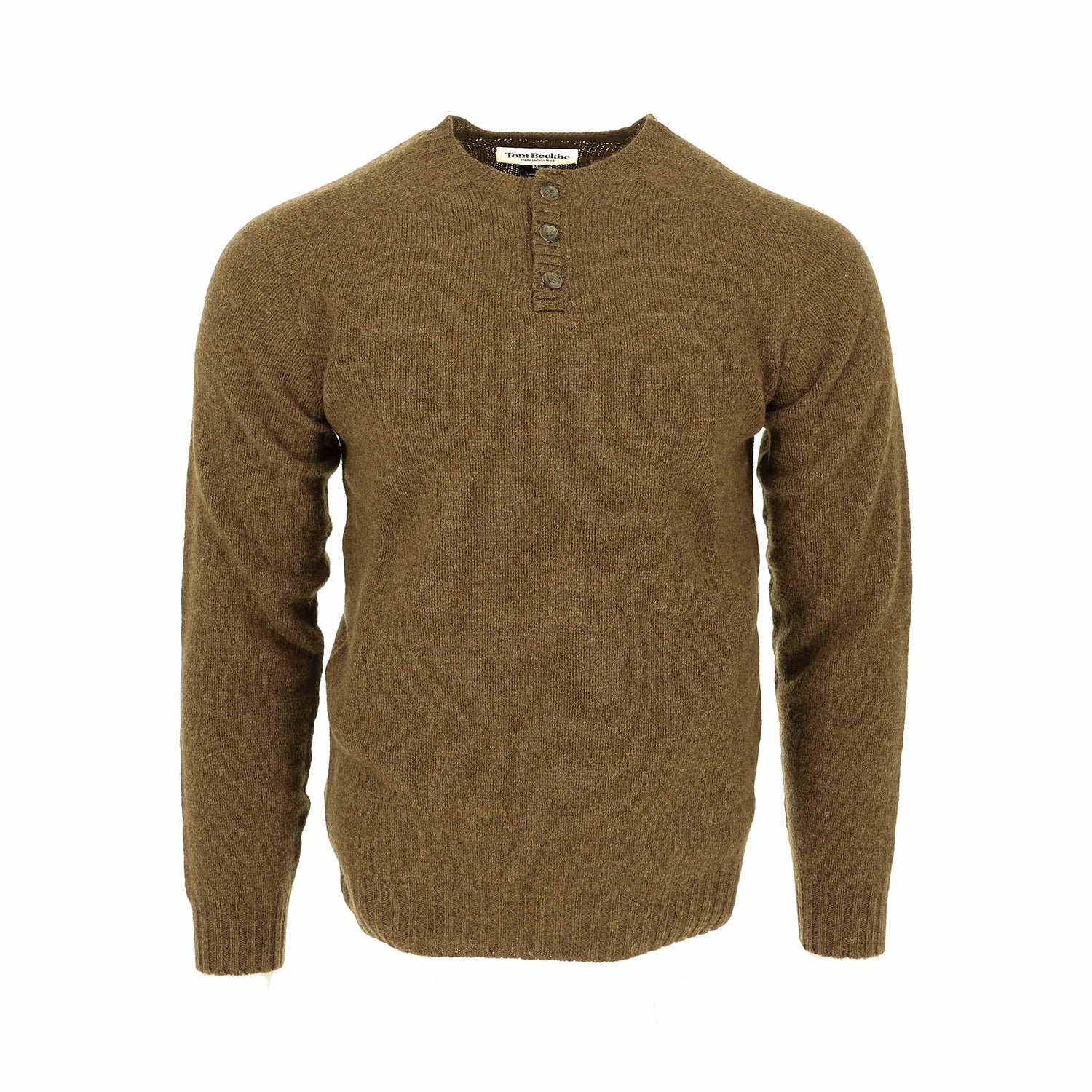 The Tom Beckbe Albemarle Henley Sweater is brown, long-sleeved with three collar buttons, shown on a white background.