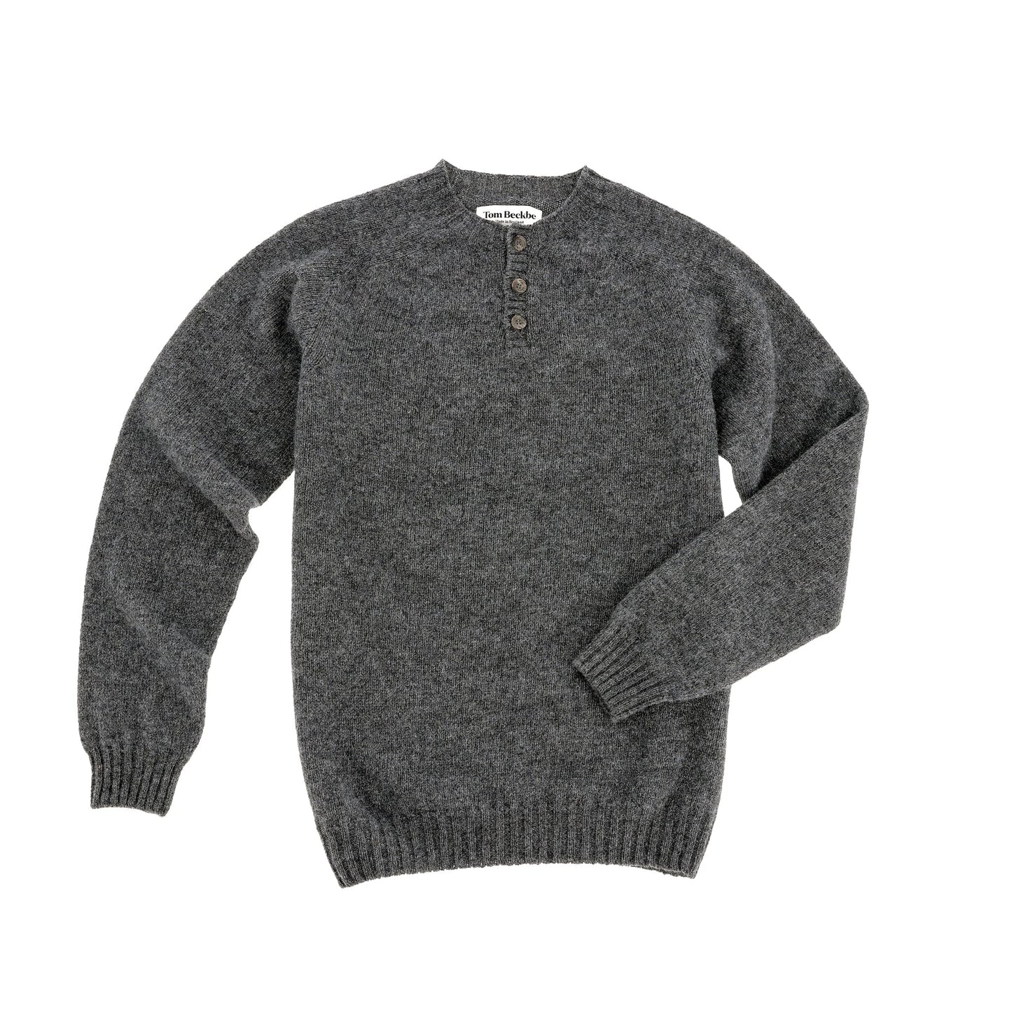 The Tom Beckbe Albemarle Henley Sweater in gray wool with three collar buttons, shown flat on a white background.