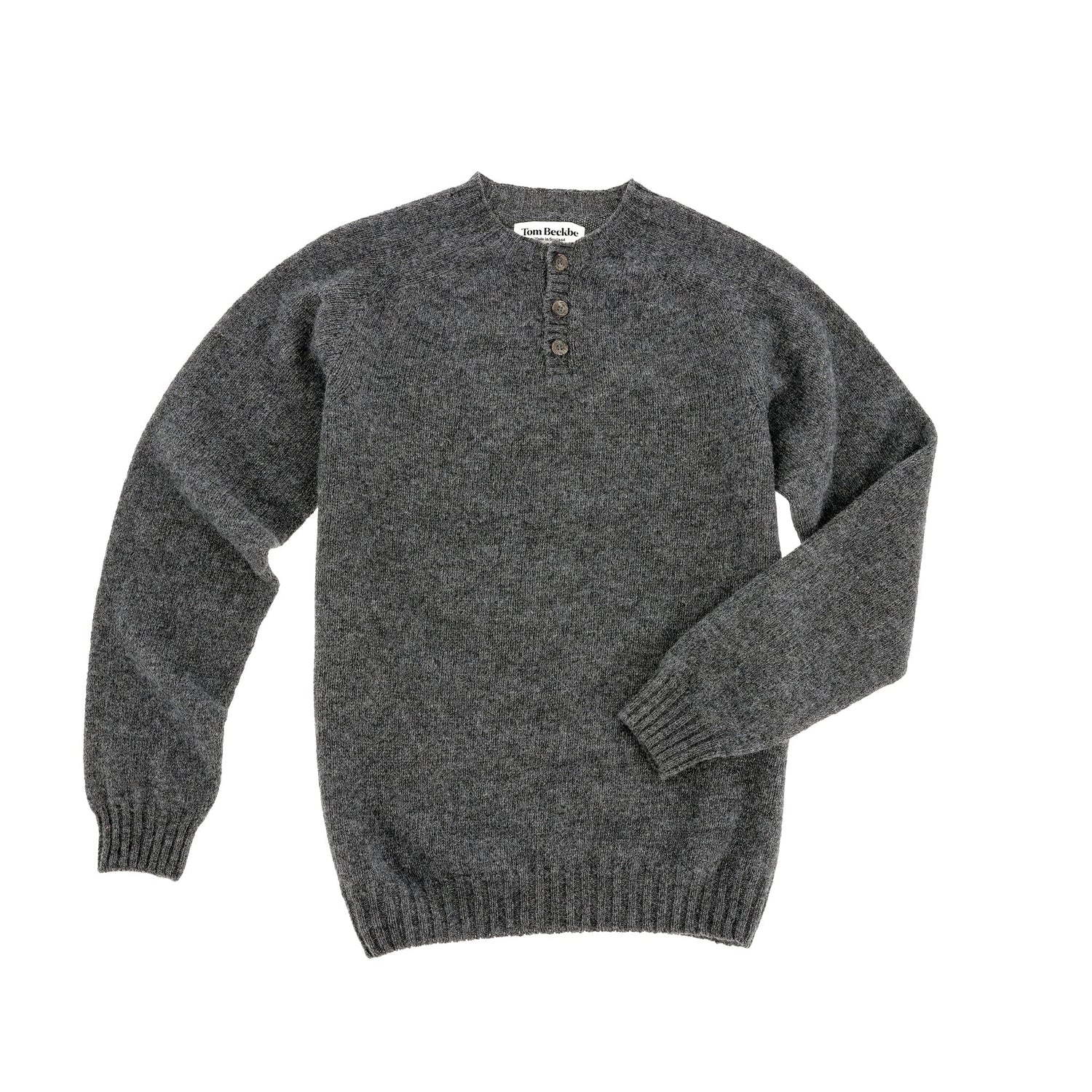 The Tom Beckbe Albemarle Henley Sweater in gray wool with three collar buttons, shown flat on a white background.