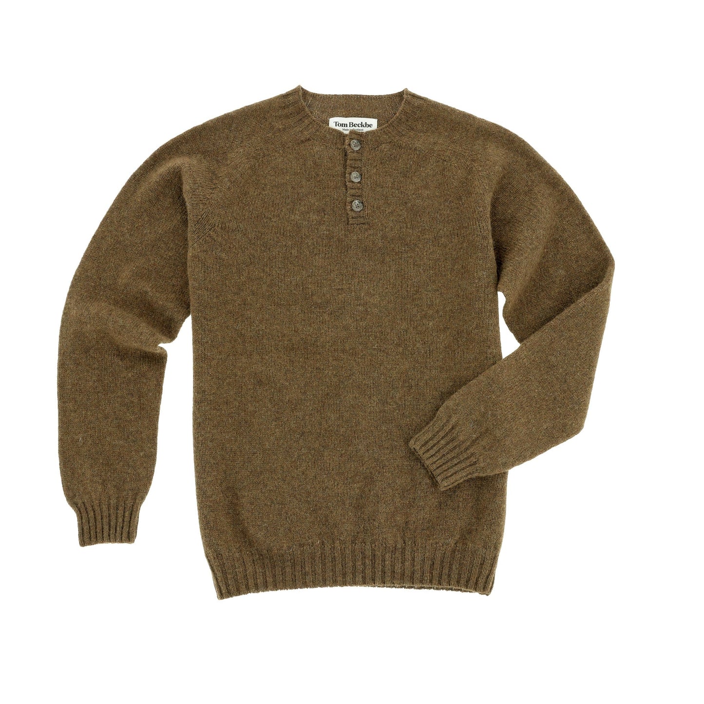 Tom Beckbe Albemarle Henley Sweater in brown wool with three neckline buttons, shown flat on a white background.