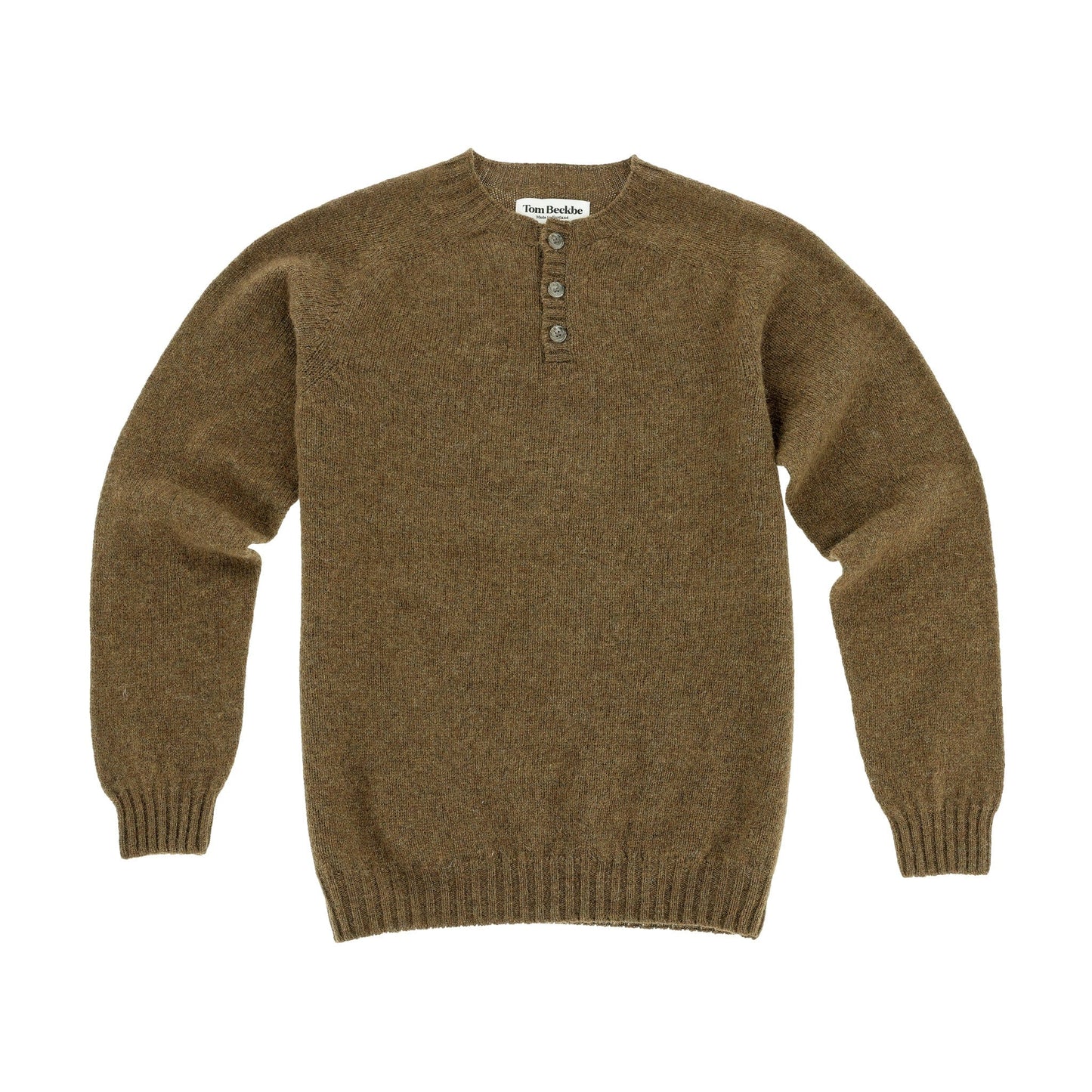 Tom Beckbe Albemarle Henley Sweater in Moorland with ribbed hem, cuffs, and four buttons; made in Scotland.
