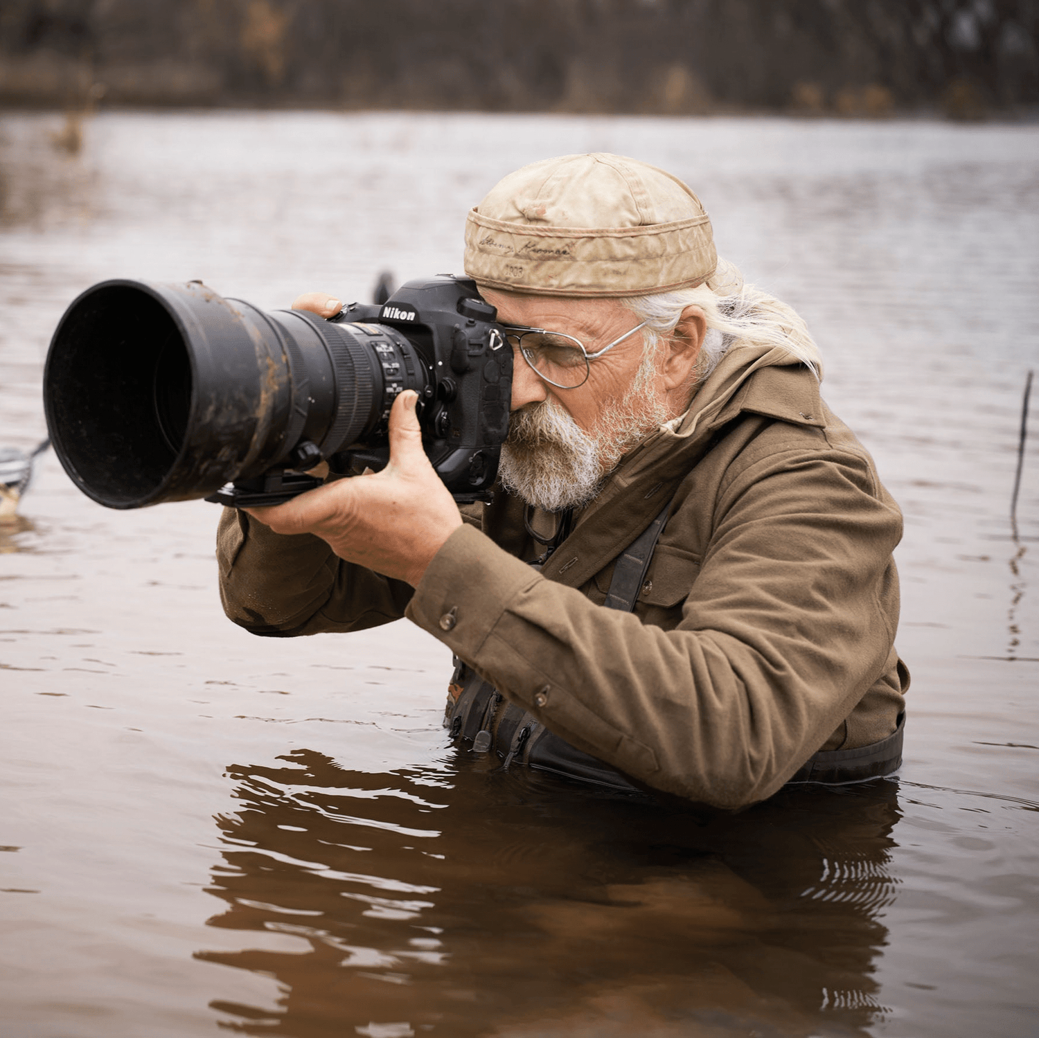 Older man standing in chest-deep water takes photos with a large camera and telephoto lens, wearing outdoor gear.
