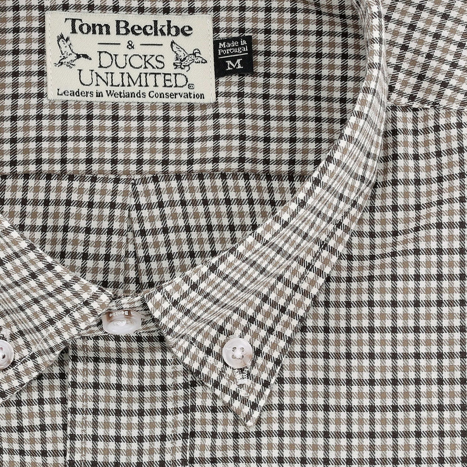Close-up of the Knapp Cotton Twill Shirt by Tom Beckbe, a classic fit mens sport shirt in brown and white plaid.