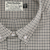 Close-up of a brown and white plaid Tom Beckbe x Ducks Unlimited button-down shirt, size medium, made in Portugal.