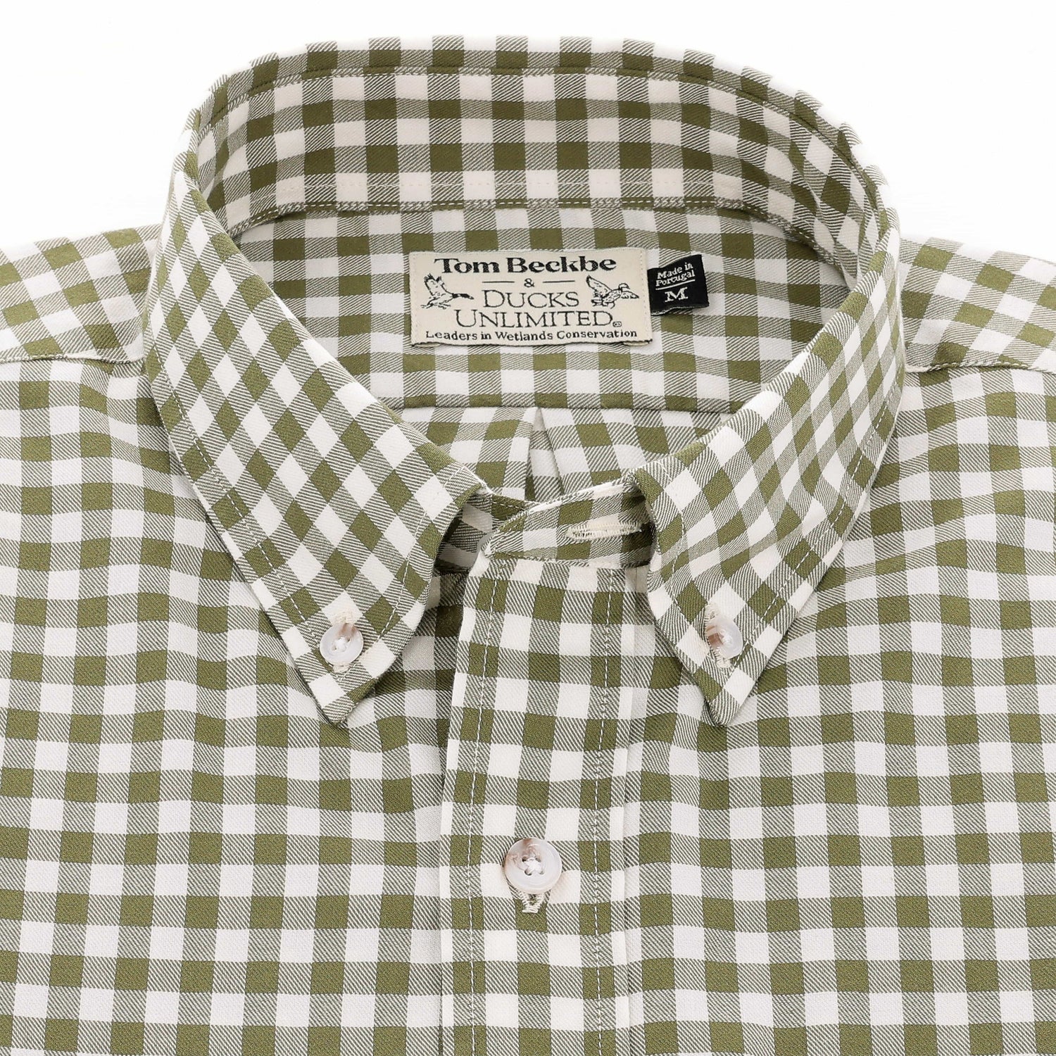 Tom Beckbe Knapp Cotton Twill Shirt in green and white checks with a pointed collar and branded neck label.
