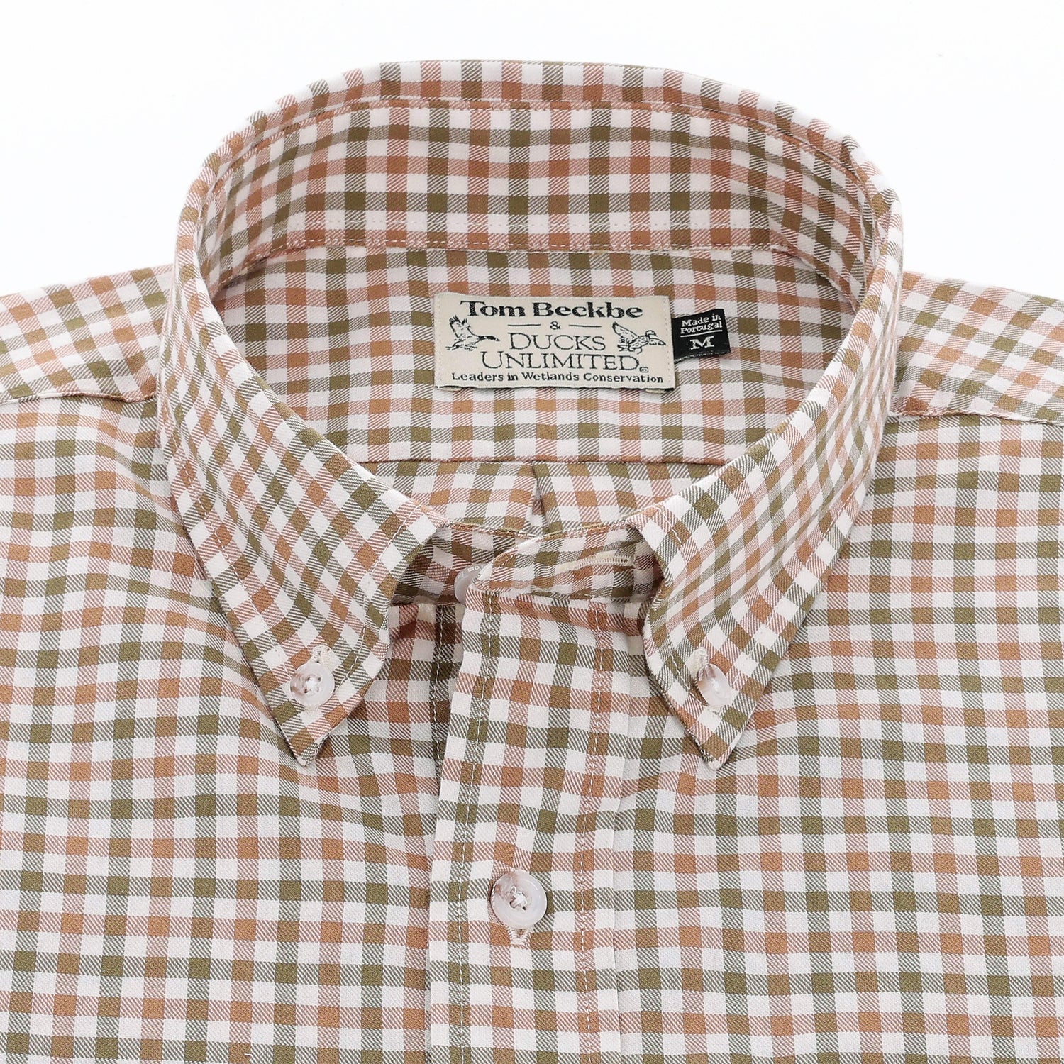 A brown and white plaid Knapp Cotton Twill Shirt by Tom Beckbe with a visible collar label.
