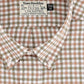Close-up of Tom Beckbe Knapp Cotton Twill Shirt in brown, green, and white checks with two brand tags at collar.