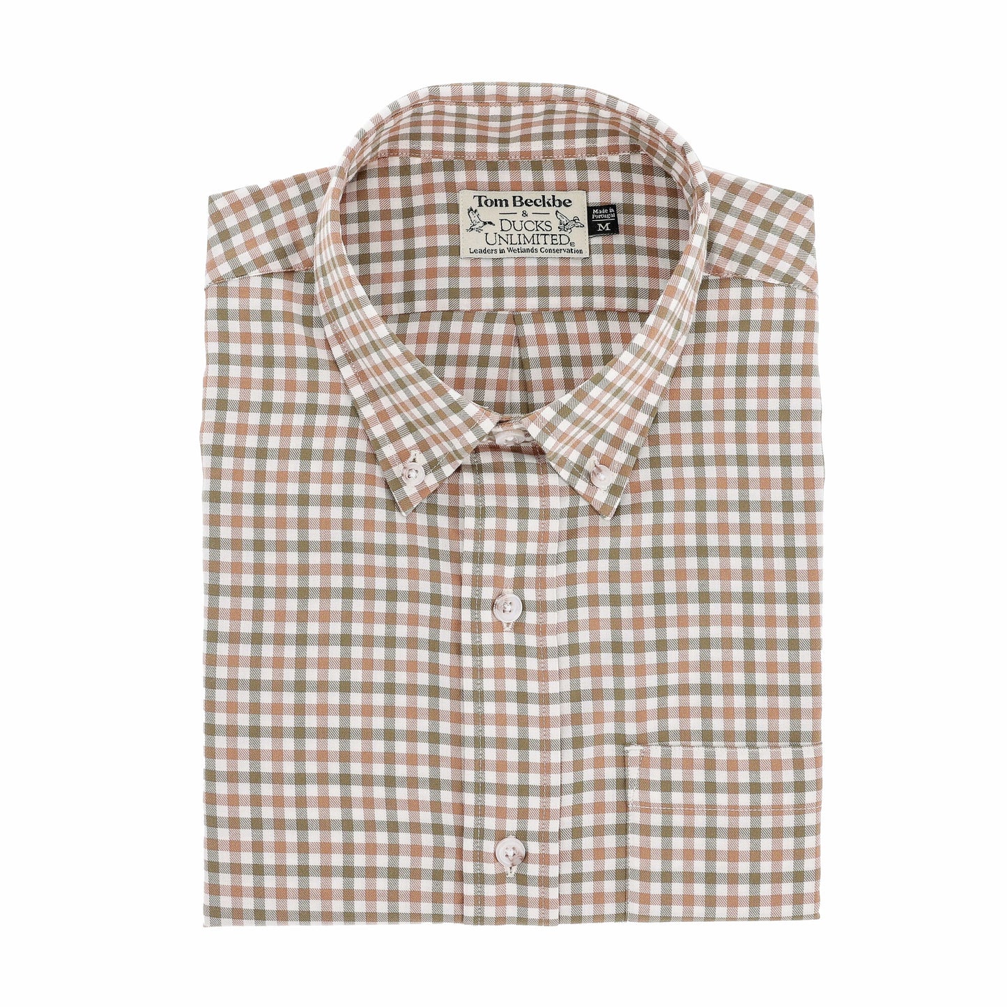 The Tom Beckbe Knapp Cotton Twill Shirt in Pin Oak is a folded, classic-fit plaid cotton shirt.
