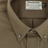 Close-up of the Hartwell Moleskin Shirt, a mens outdoor shirt from Tom Beckbe with labeled collar.
