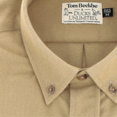 Close-up of a tan Hartwell Moleskin Shirt, a mens outdoor shirt by Tom Beckbe.