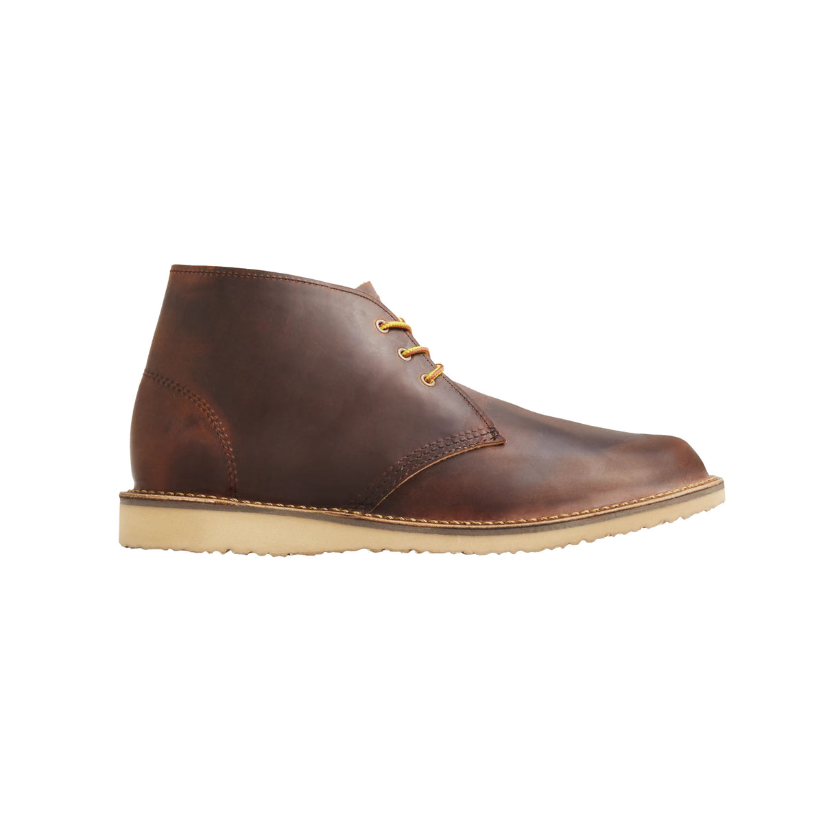Tom Beckbe Red Wing Weekender Chukka Boot: brown leather, tan sole, 3 eyelets, yellow laces—made in USA.