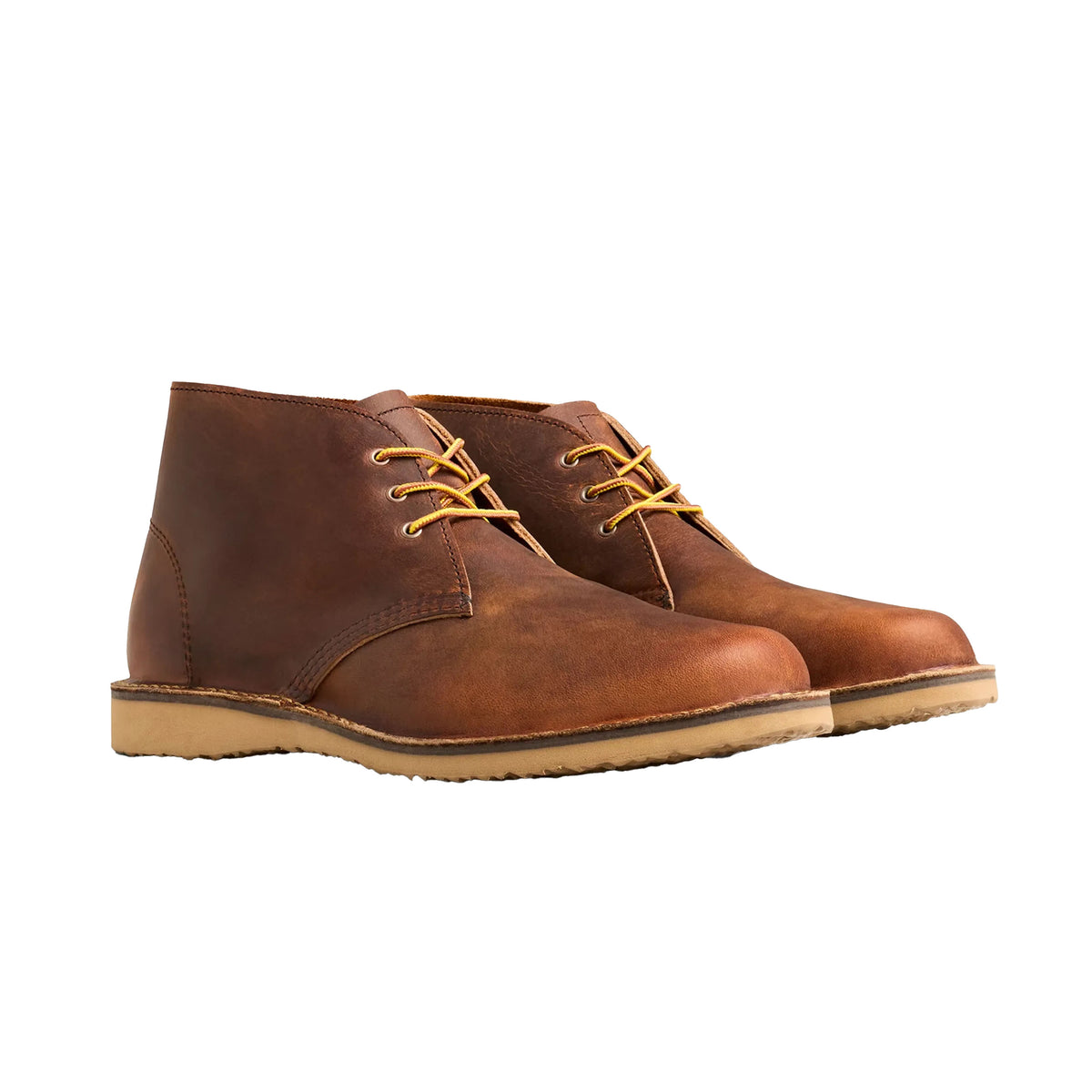Tom Beckbe Red Wing Weekender Chukka Boot in copper with tan soles and yellow laces, made in the USA.