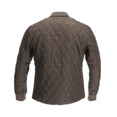 Back view of Tom Beckbes brown quilted Logan Bomber Jacket, long sleeves and collar, on a white background.