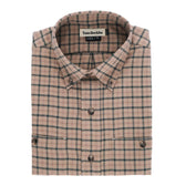 Folded Dixon Brushed Cotton Twill Shirt by Tom Beckbe with a collar, shown in beige plaid on a white background.