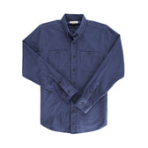 The Tom Beckbe Dixon Brushed Cotton Twill Shirt, navy, medium-weight with two chest pockets, is shown laid flat.