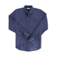 Tom Beckbes dark blue Brushed Cotton Twill Shirt with long sleeves and two chest pockets laid flat on a white background.