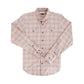 A Tom Beckbe Brushed Cotton Twill Shirt, beige and pink checkered with chest pockets, on a white background.
