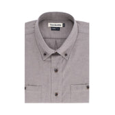 The Dixon Brushed Cotton Twill Shirt by Tom Beckbe in grey features two front pockets and a label inside the collar.