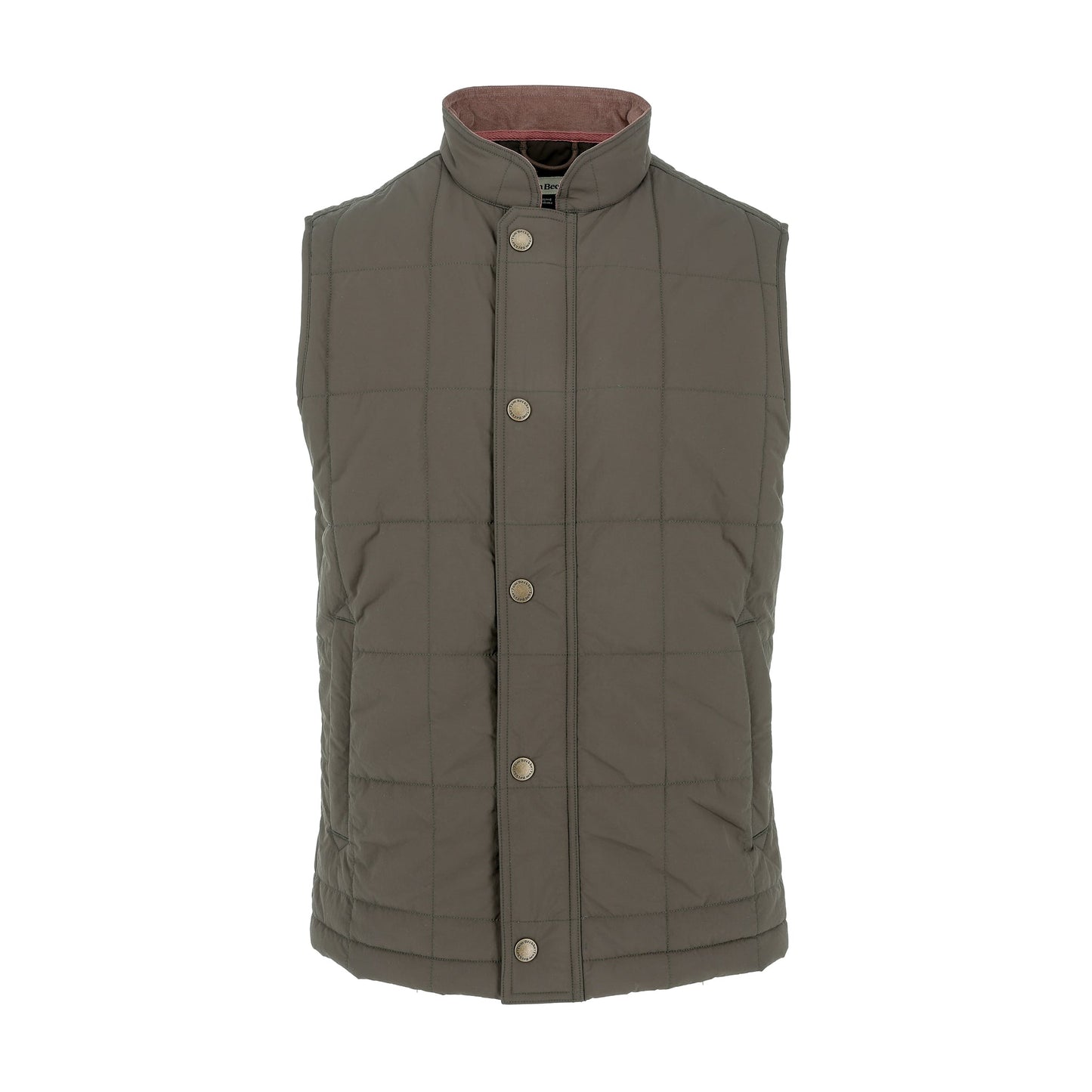 Tom Beckbe Burgess Quilted Vest in olive green, insulated and water repellent with snap closure and high collar.
