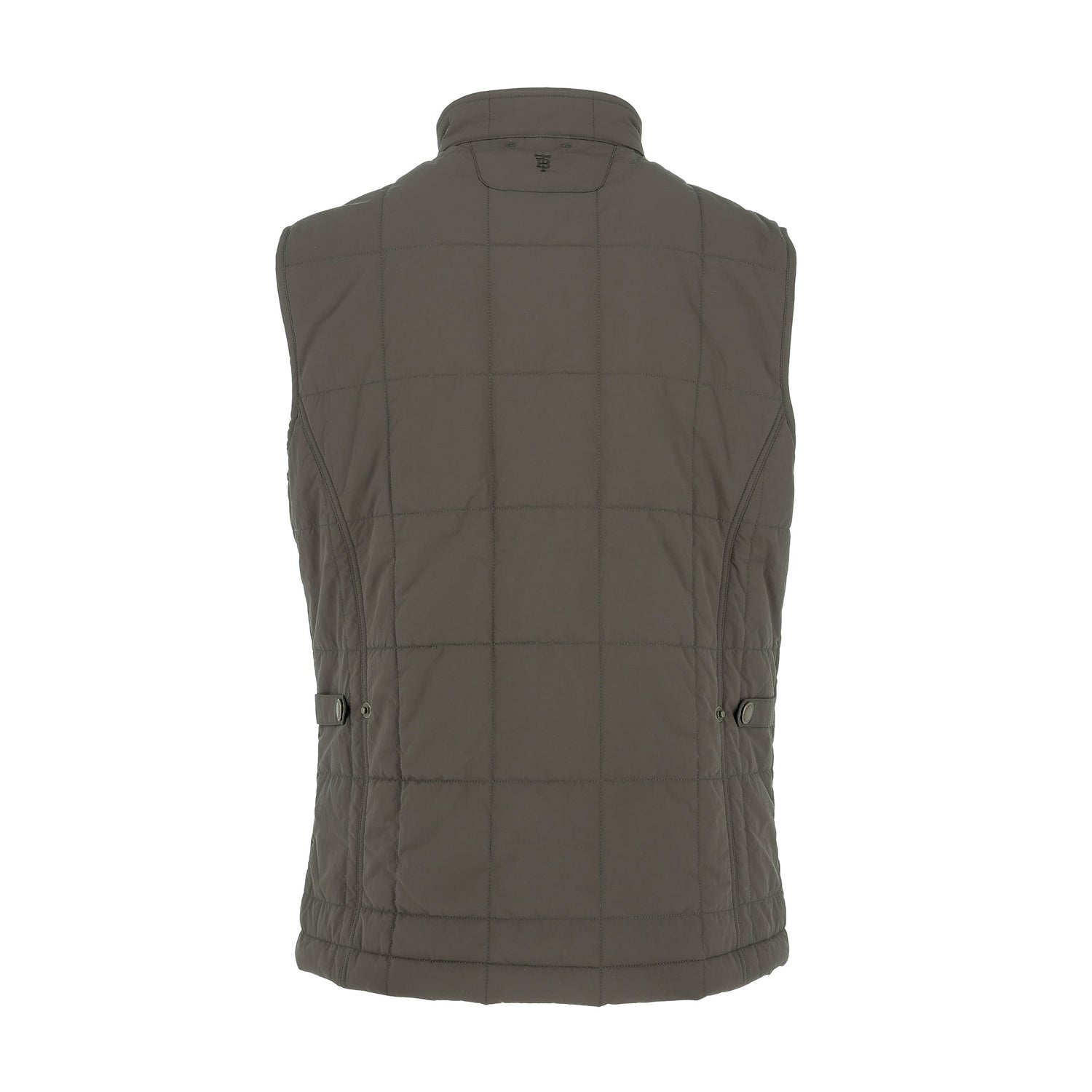 Back view of the Tom Beckbe Burgess Quilted Vest with high collar, insulated design, and adjustable side tabs.