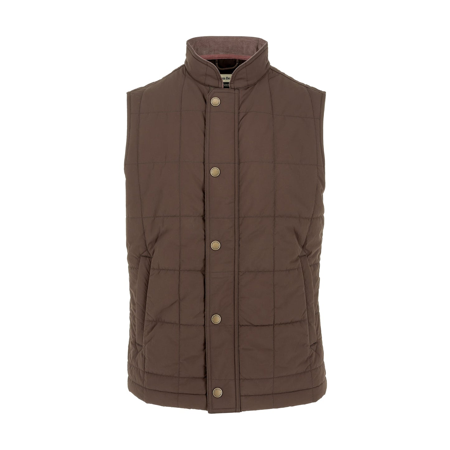 The Tom Beckbe Burgess Quilted Vest in brown features front snap buttons and side pockets, shown on a white background.