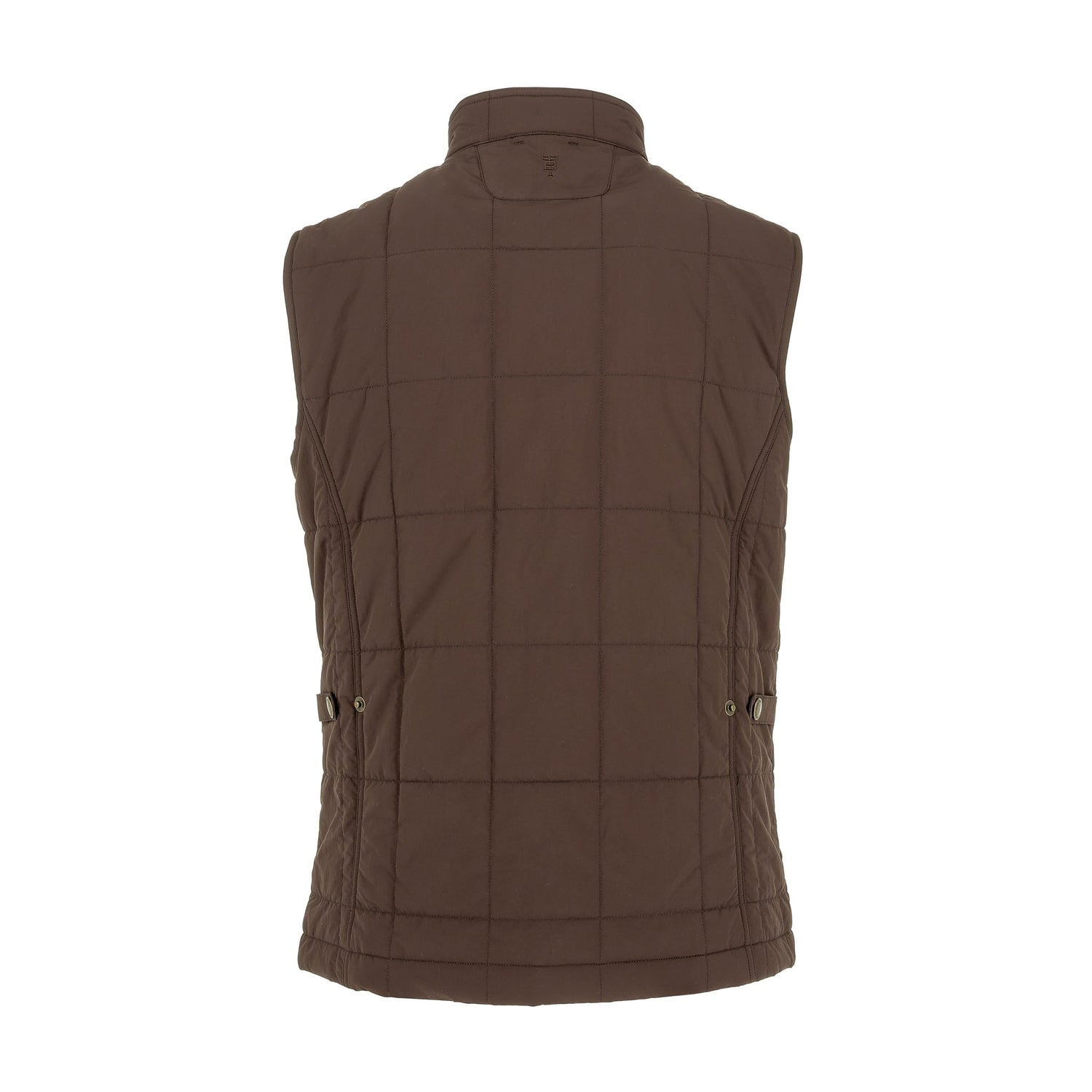 The Tom Beckbe Burgess Quilted Vest for men is shown from the back with a stand collar and buttoned side tabs.