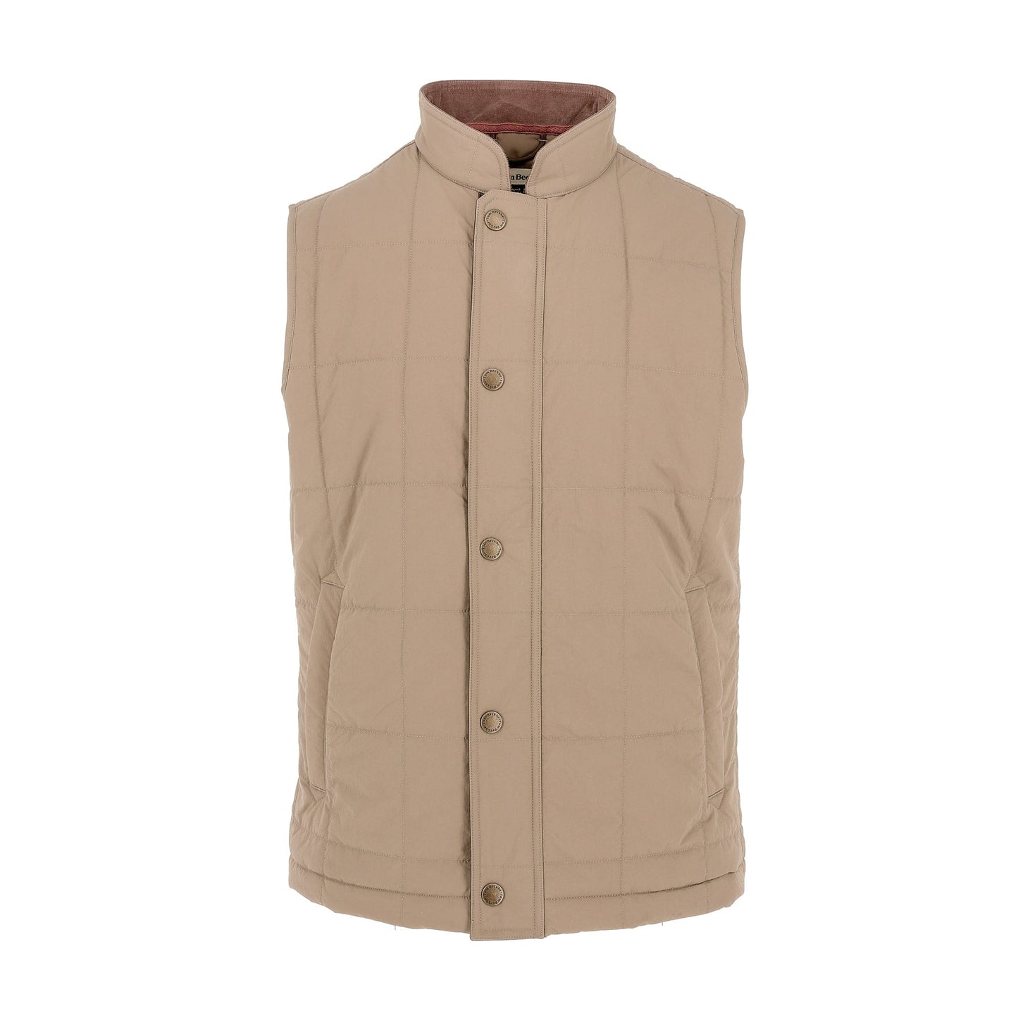 The Tom Beckbe Burgess Quilted Vest is a beige mens vest with stand collar, button closure, and two pockets.