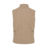 The Tom Beckbe Burgess Quilted Vest in beige, shown from the back, features adjustable side tabs and a stand-up collar.