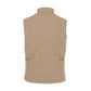 The Tom Beckbe Burgess Quilted Vest in beige, shown from the back, features adjustable side tabs and a stand-up collar.