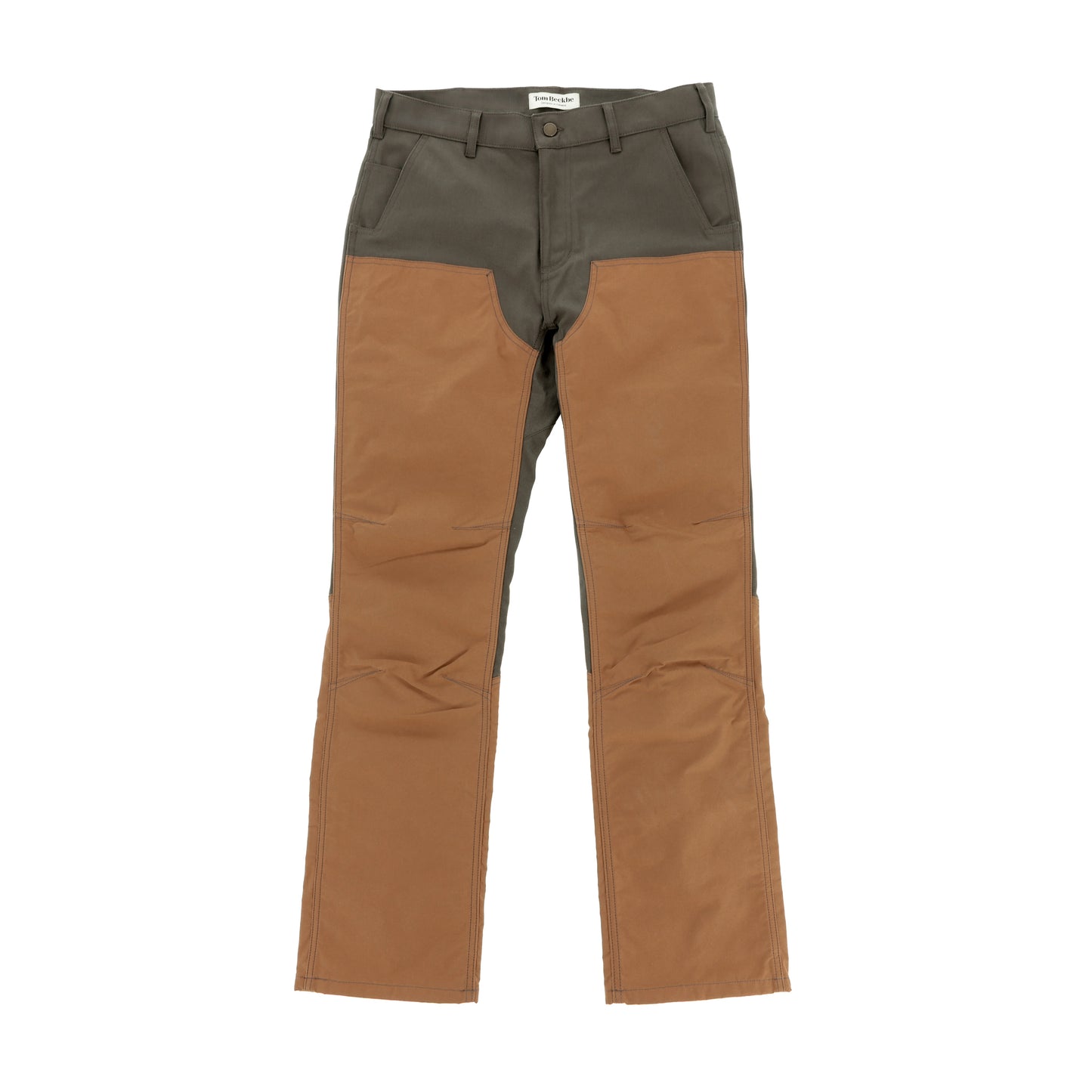 Tom Beckbe Burwell Brush Pant: two-tone washable hunting pants with brown legs and olive green panels, shown flat.